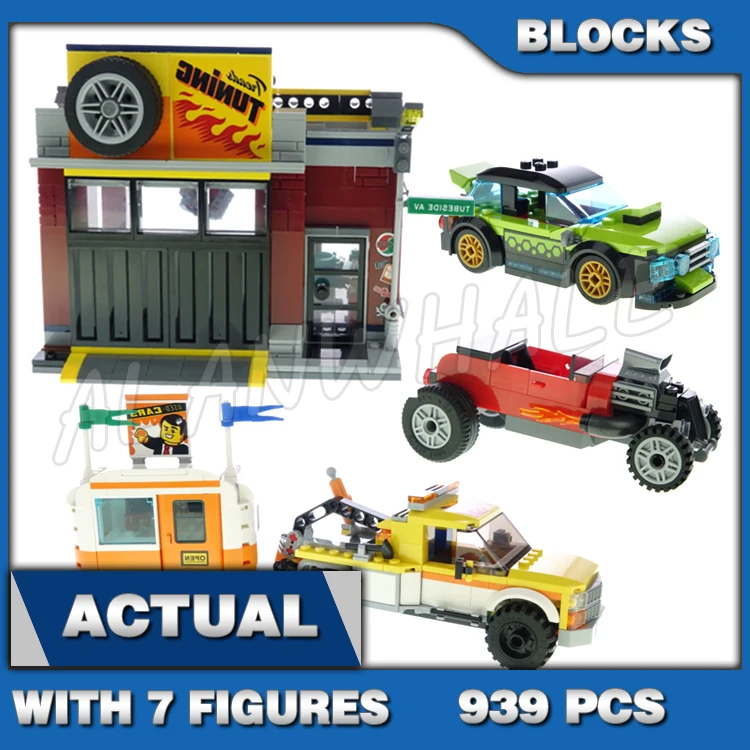 939pcs City Tuning Workshop Tow Truck Repair Shop Garage Camping Trailer Hot Rod 11535 Building Block Toys Compatible With Model