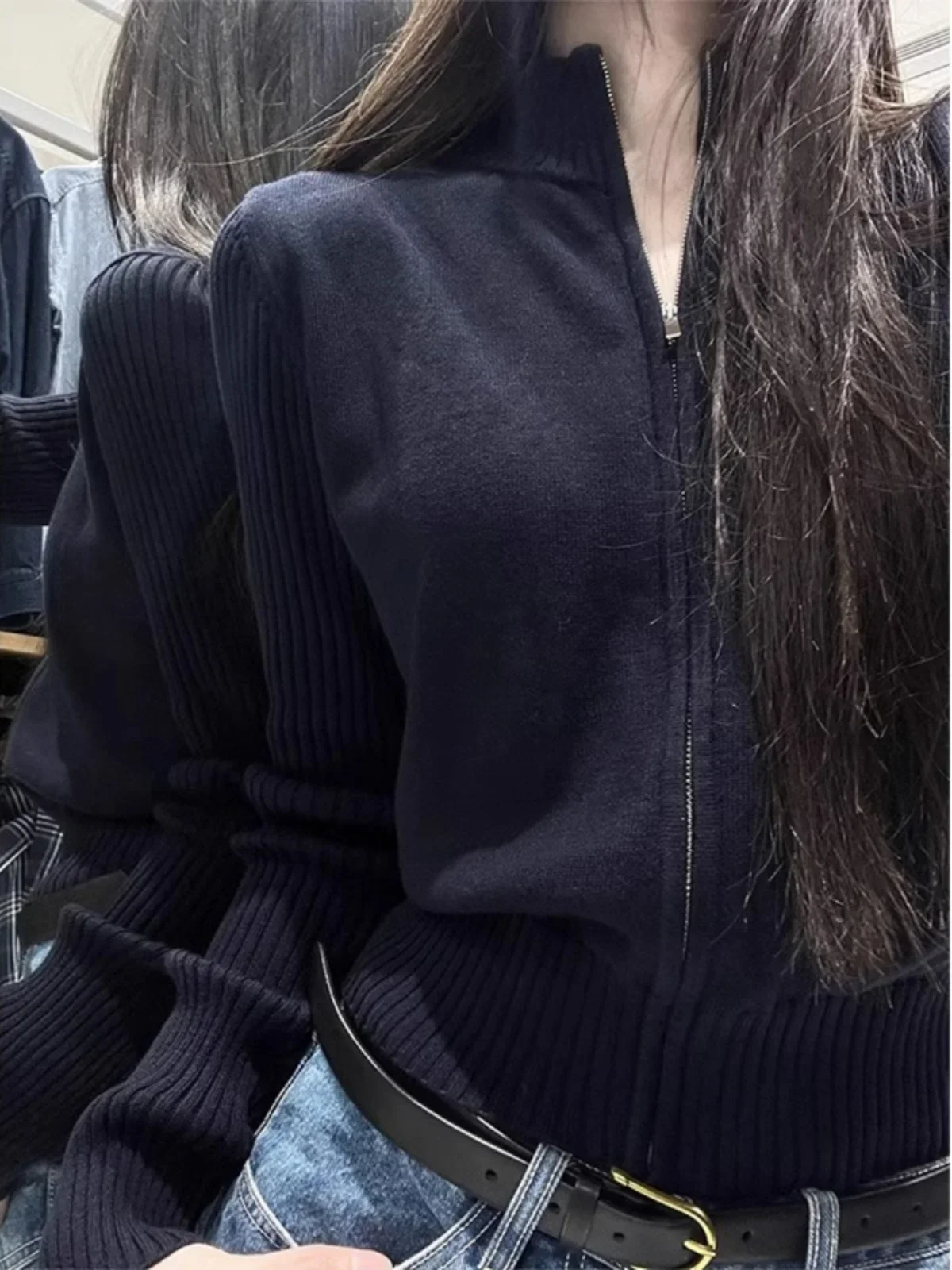 

Classic Black Half-high Collar Zip-up Knit cardigan Outerwear Women clothes New Spring and Autumn Wear Outdoor VintageZT243