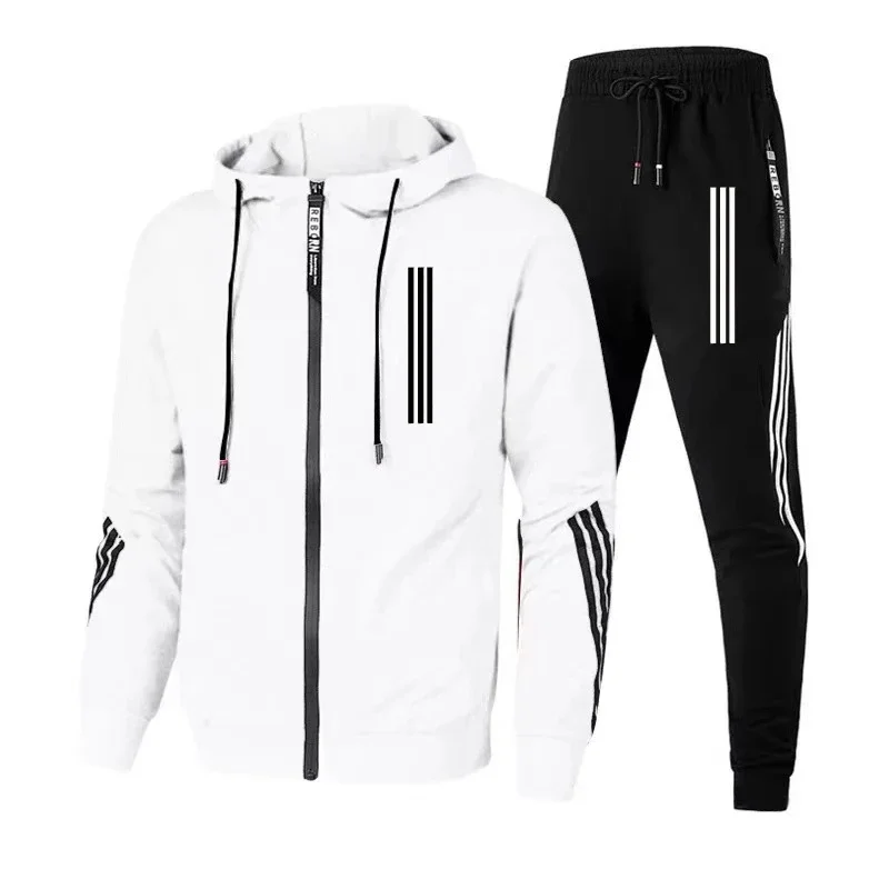 Men\'s Hoodies+Pants Two Piece Sets Triple Slant Hoodie Jacket Sport Zipper Tracksuits Sports Jogging Male Fitness Clothing