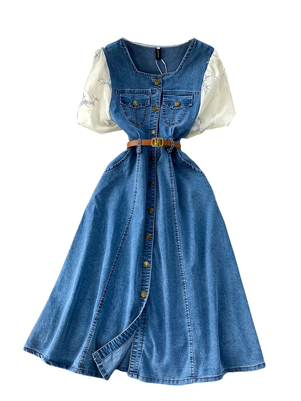 กระโปรงยีนส์ทรงเอเอวสูงพิมพ์ลาย Dr Bubble สไตล์ฮ่องกง ยาวคลุมเข่า สำหรับผู้หญิง ฤดูใบไม้ร่วง ฤดูหนาว ติดกระดุมเม็ดเดียว...