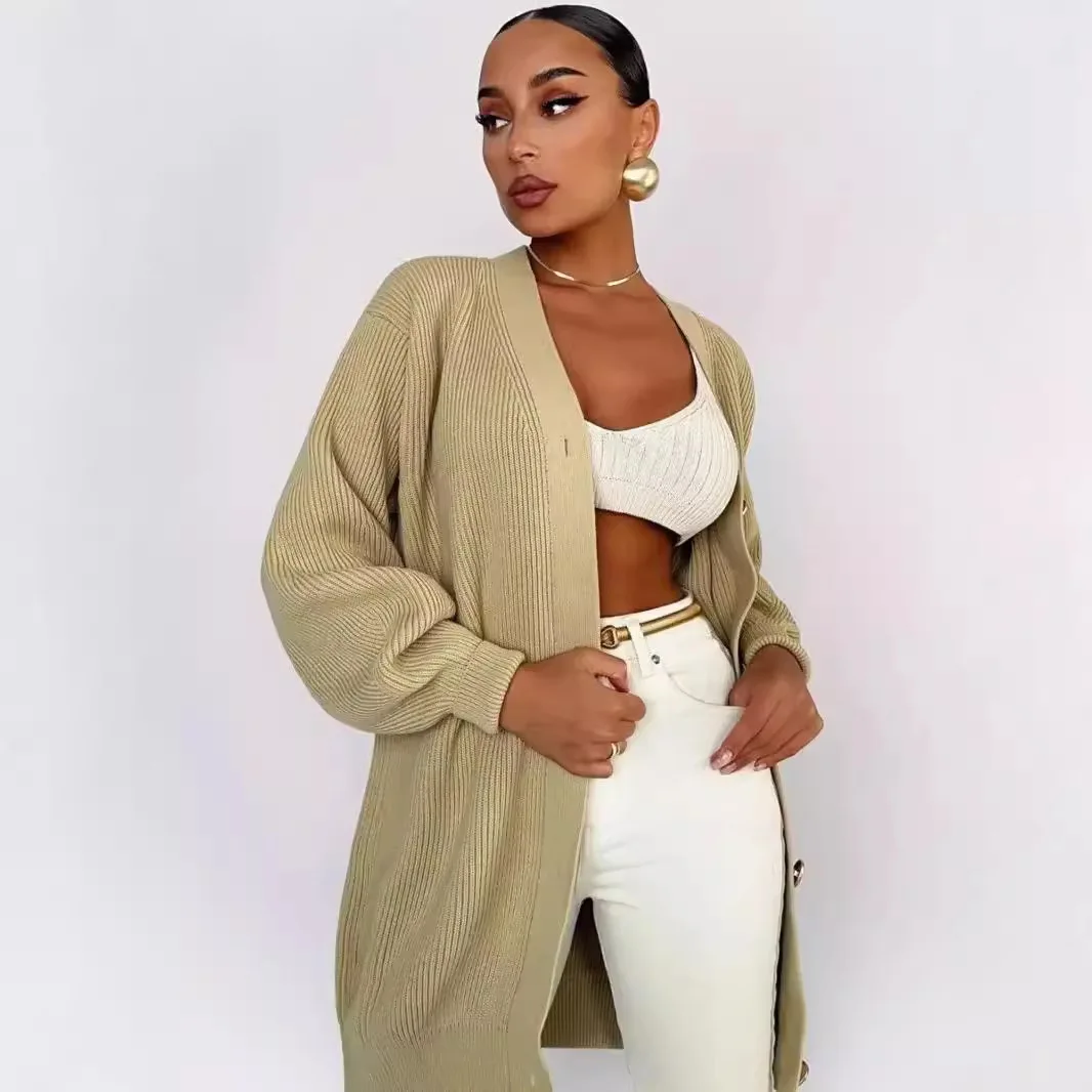 Chaqueta de Punto Hoada Informal para Mujer, Cárdigan Abierto de Color Sólido, Fibra de Poliéster, Manga Larga, Cuello en V...