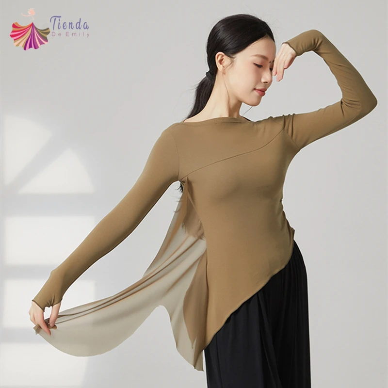 mulheres-moderna-danca-topo-manga-longa-tule-emendado-camisa-bainha-irregular-roupas-de-treinamento-causal-fino-polegar-buraco-blusas-dancewear
