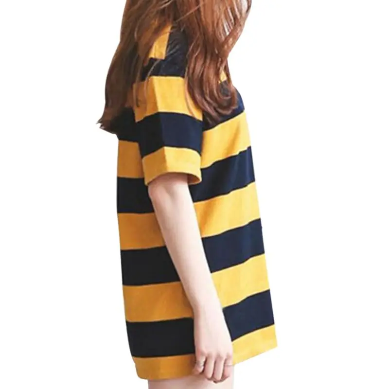 Women Yellow Black Stripes Short-sleeved T-shirt Girls O-Neck Casual Tops Summer Autumn Classic Shirts