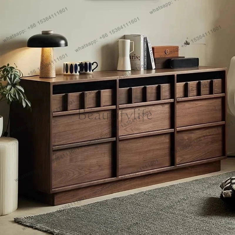 

Nordic black walnut solid wood nine chest cabinet living room retro bone line storage drawer cabinet