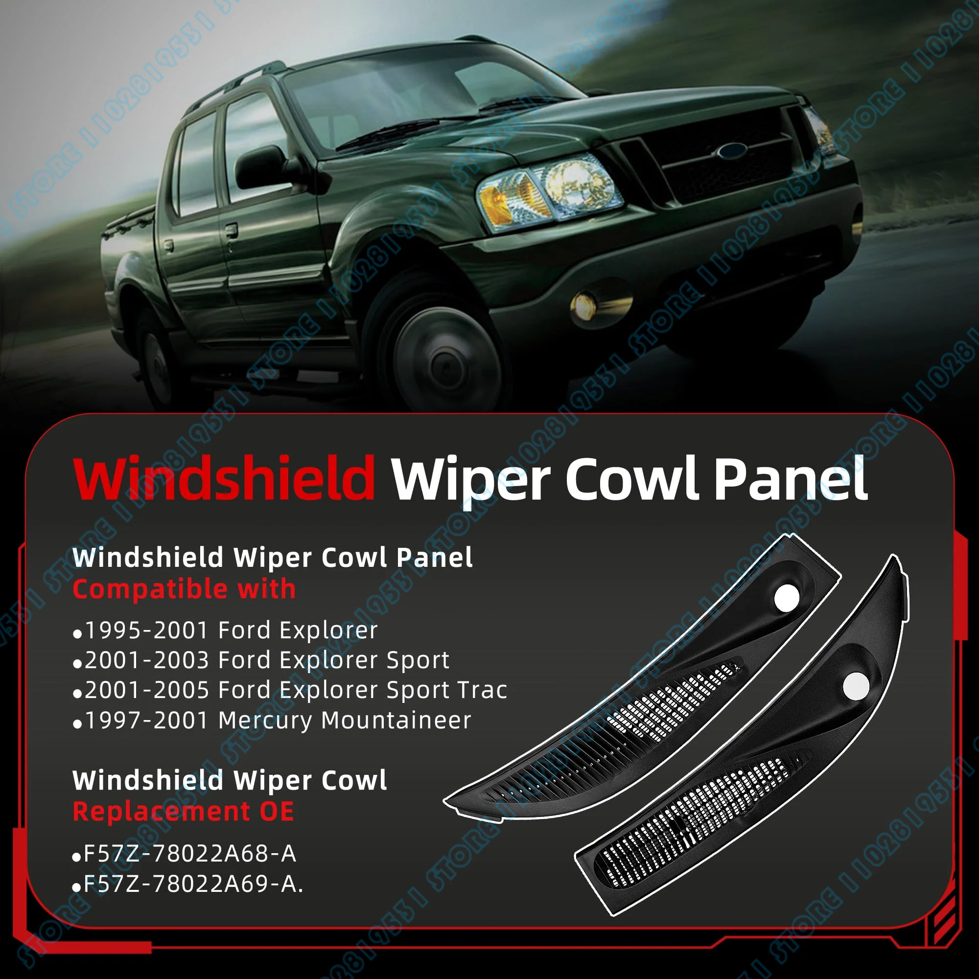for LHD 1995-2005 Ford Explorer Sport, 1997-2001 Mercury Mountaineer Windshield Wiper Cowl Grille F57Z78022A69A F57Z78022A68A view 3