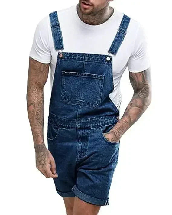 Macacão jeans masculino cintura média macacão de uma peça estilo safari na altura do joelho denim casual sólido bolsos de lavagem novo