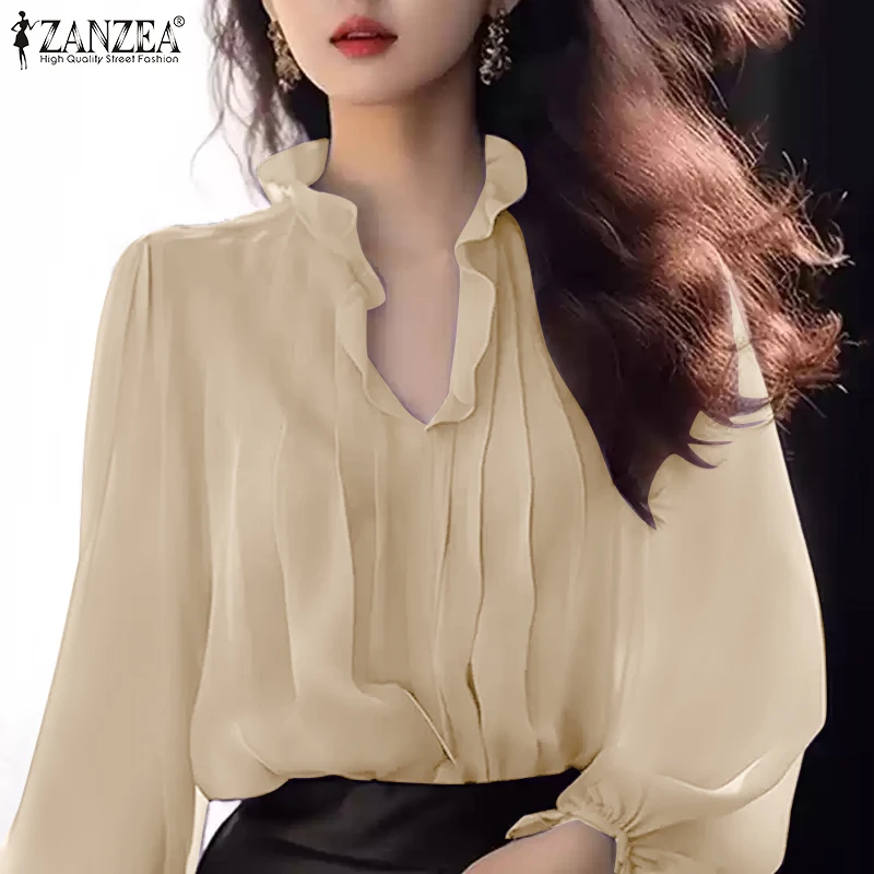 ZANZEA Women Work OL Blouse Fashion Long Puff Sleeve Shirts Ruffled Stitching Neck Tops Vintage Pleating Tunic Holiday Solid Top