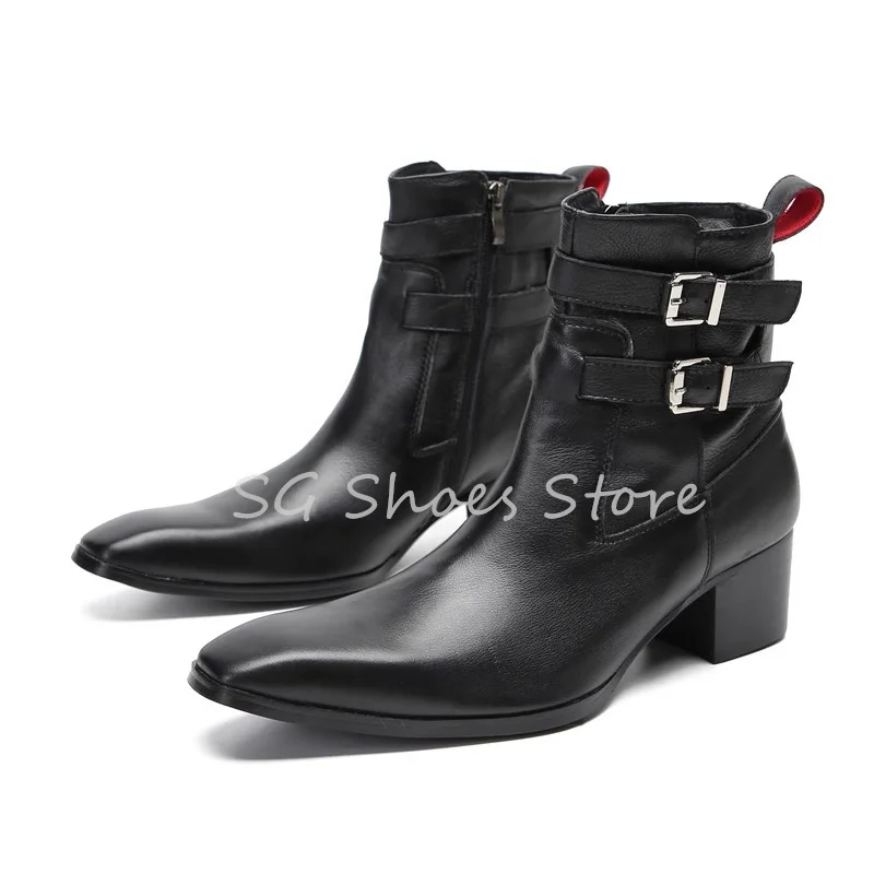 Fashion Design Genuine Leather Splicing Short Boots for Men Square Toe Chunky Heel Belt Buckle Chelsea Boots Male Casual Shoes