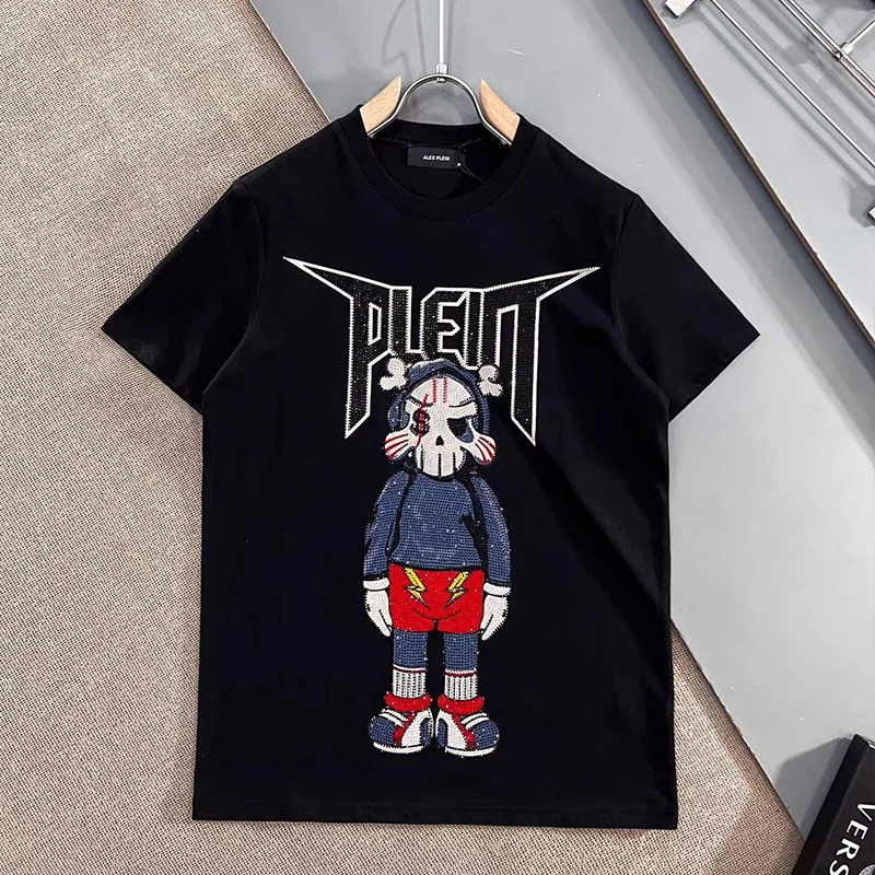 AlexPlein Skulls Cartoon Rhinestones Diamond 2022 Summer Men\'s Clothing Fashion Streetwear Crew Neck Short Sleeve Tshirt Cotton