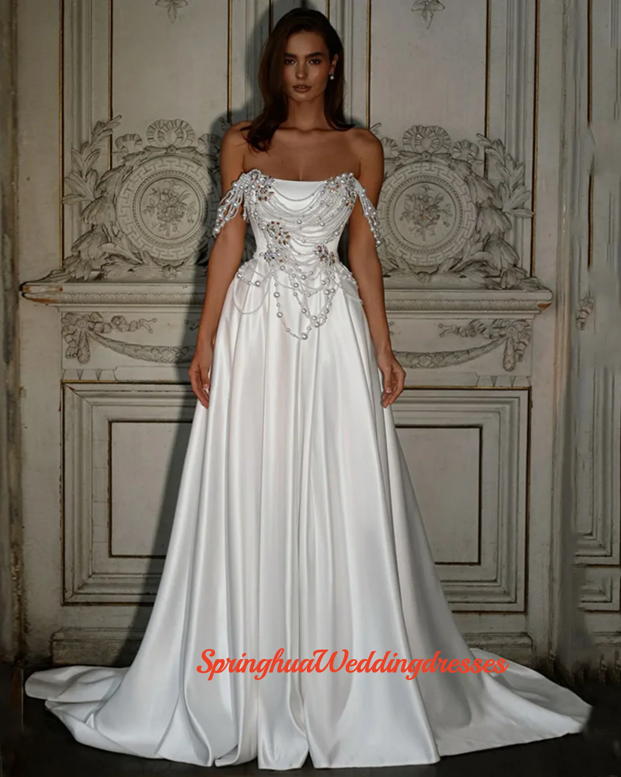 Customzied Pearls Wedding Dress for Bride New Off Shoulder Strapless Crystal Sweep Train Corset Bridal Gown Vestido Noiva