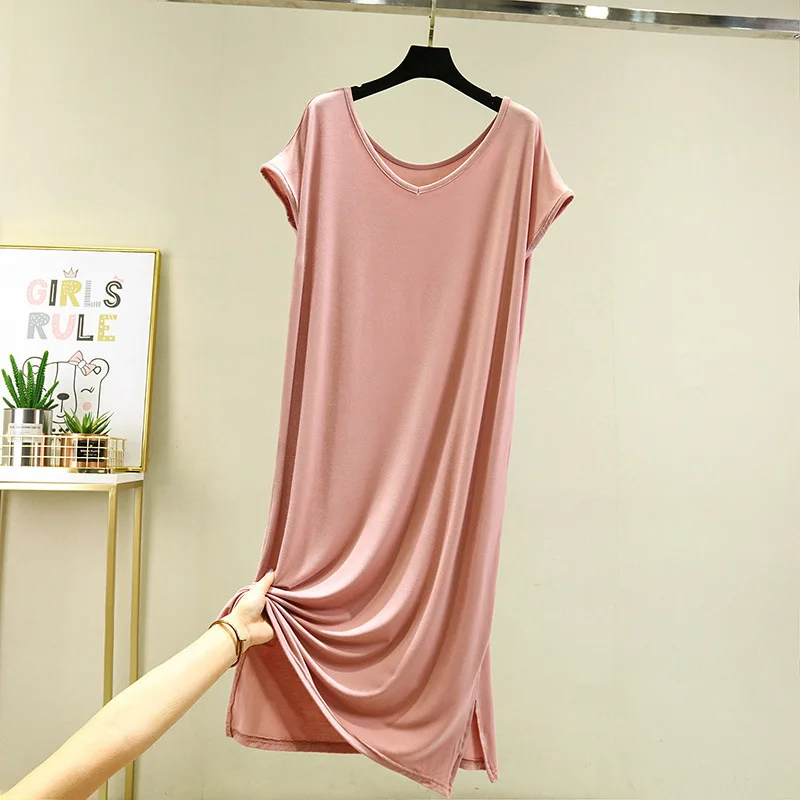 Modal Sleepwear Oversized Loose Mid Length Nightdress V-neck A-line Knee Length Home Thin Clothes for Women Summer Night Gown