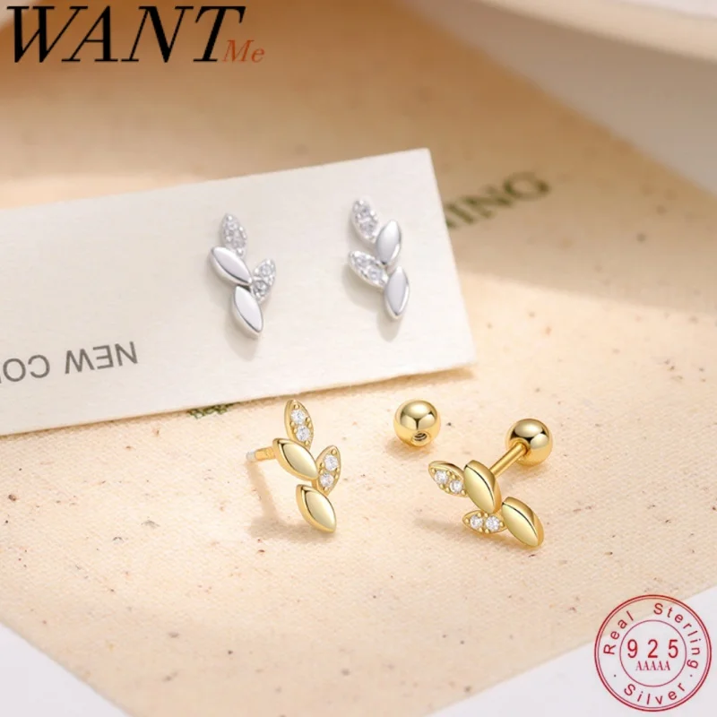 WANTME 925 Sterling Silver Romantic Leaf Screw Beads Piercing Stud Earrings for Women Sweet Flower Ear Bone Jewelry Accessories