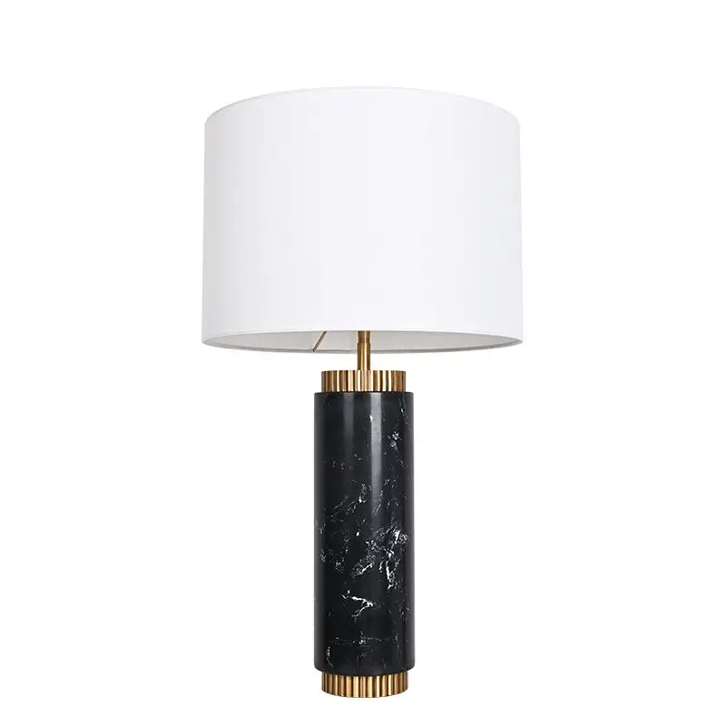 

Classic Antique Brass Design Living Room Bedside Solid Black Marble Column Striped Table Lamp