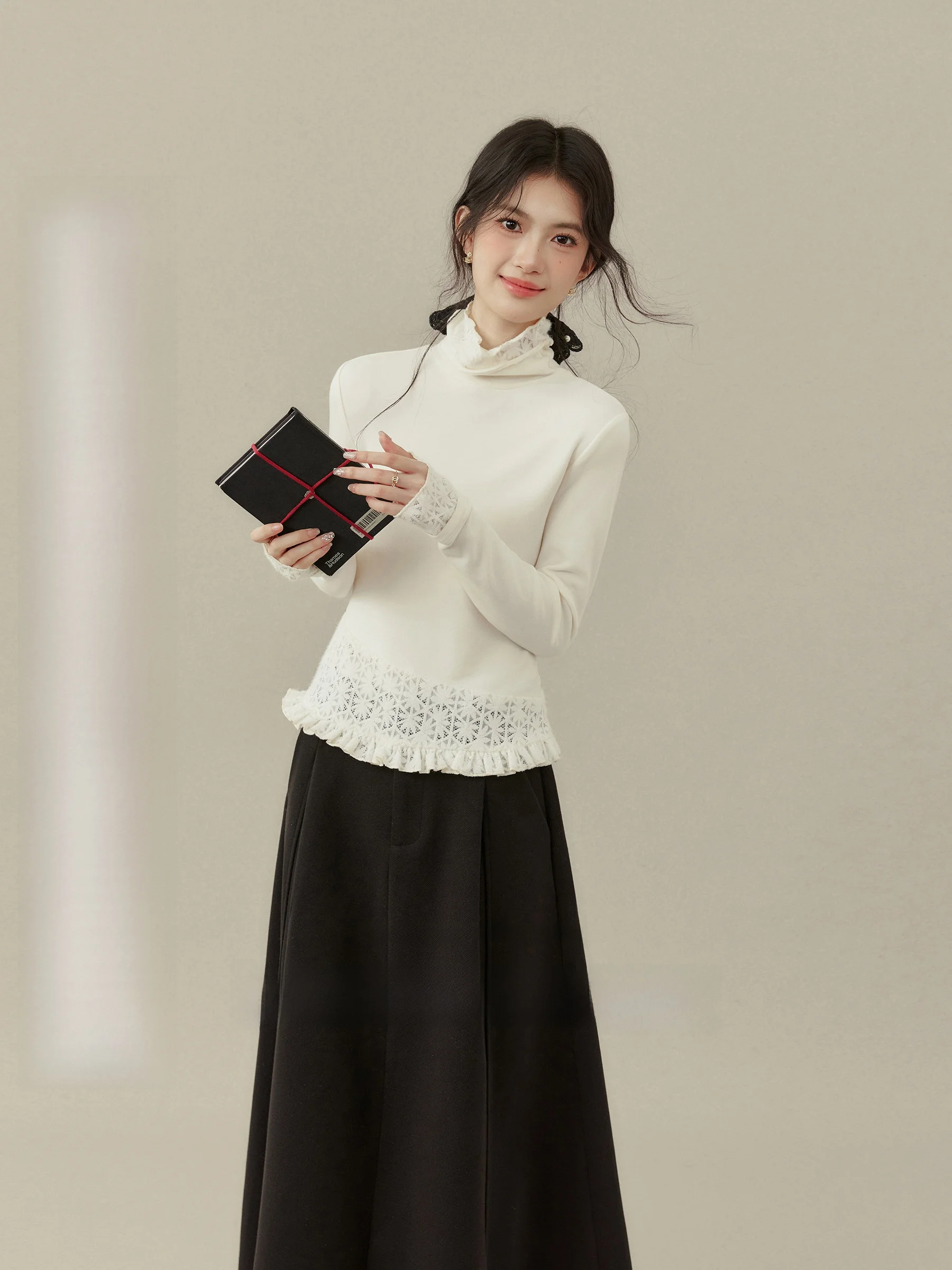

White Velvet Mousse High Collar Knitted T-irt plus Size Base irt Top Lace Splicing Casual Sle Women's Faion