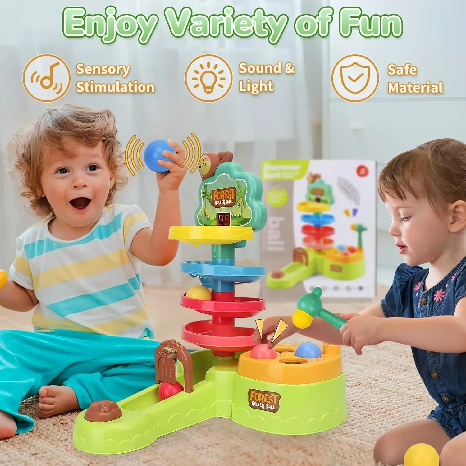 

Early Developmental Toys 3-in-1 Hammer Pound & Shoot Balls with Scoring Game & Ball Drop,Ball Rolling Track Toy for Boys Girls
