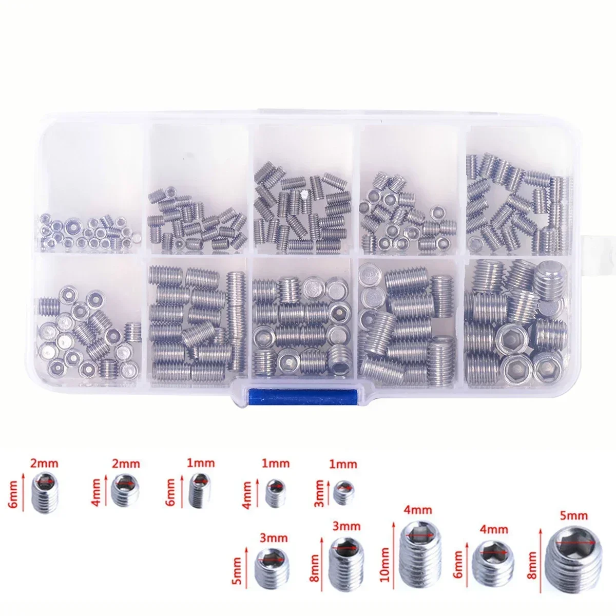 200pcs Stainless Steel Grub Screw Assortment Kit | M3-M8 Hex Socket Set Screws with Plastic Case