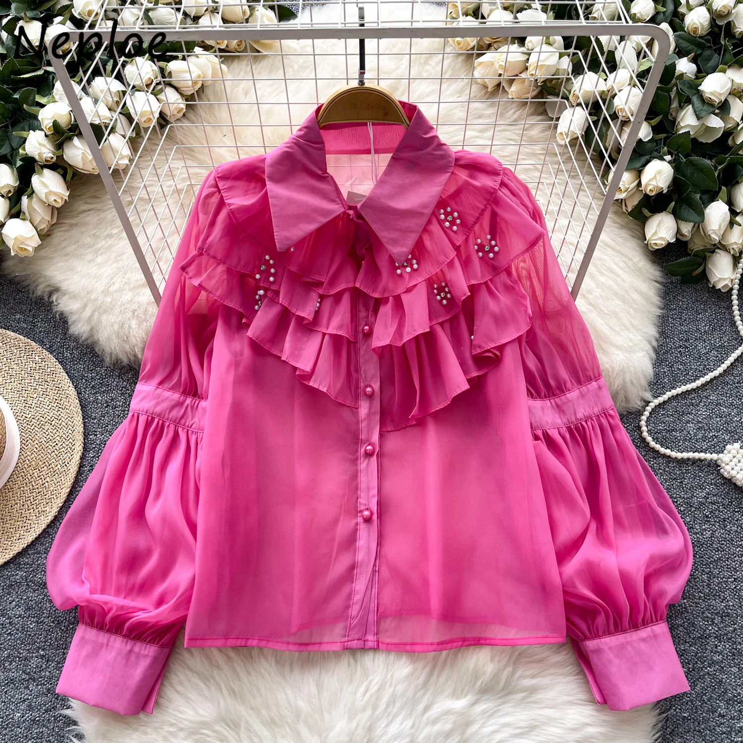 Neploe Korea Loose Commuter Luxury Women Shirt Advanced Turn-down Collar Ruffles Blouses Diamonds Minority Elegant Sweet Blusas