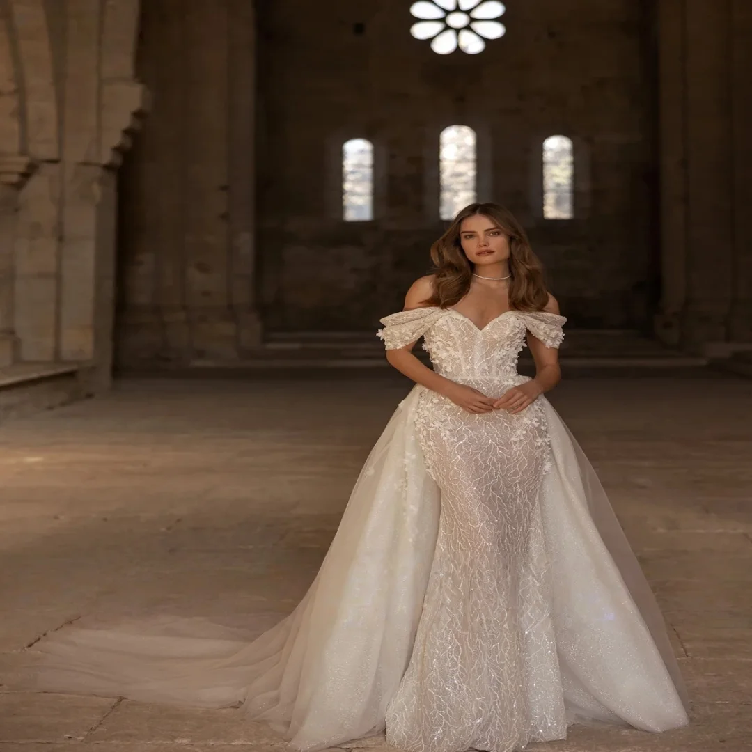 Custom Grace Made 2 In 1 Mermaid Wedding Dress With Removable Train Beading Embroidery Lace Off Shoulder Sleeves Bridal Gowns