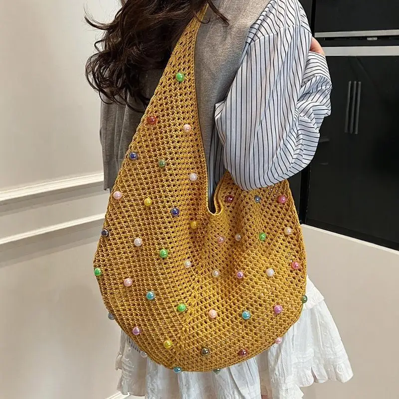 Women's Colorful Knitted Beach Bag Large Capacity Hollow Out Single Shoulder Tote for Summer Vacation Pool Trips