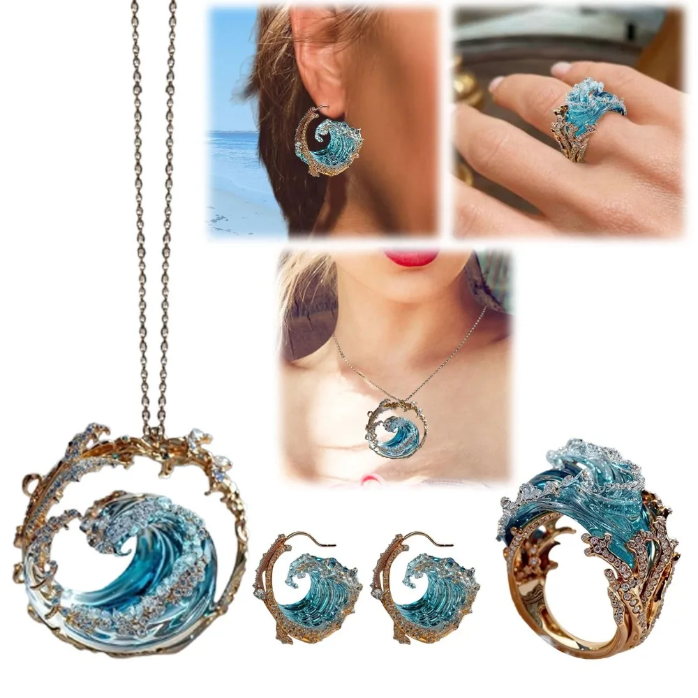 High Quality Resin Crafts Creative Rings Sky Blue Earrings Wave Pendant Necklaces Blue Necklace Holiday Gifts