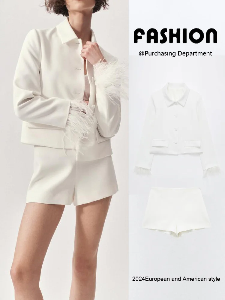 طقم نسائي صيفي جديد يتكون من سترة قصيرة وشورت بخصر مرتفع، مجموعة أزياء عصرية من القطن للنساء من سن 25 إلى 35 عامًا، مجموعة ال... #1