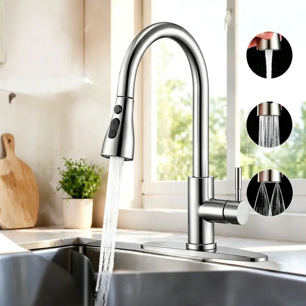 Modern Kitchen Faucet 304 Stainless Steel Pull Down Sprayer Mixer Tap 360 Swivel Cold Hot Water Basin Washing Sink Tool