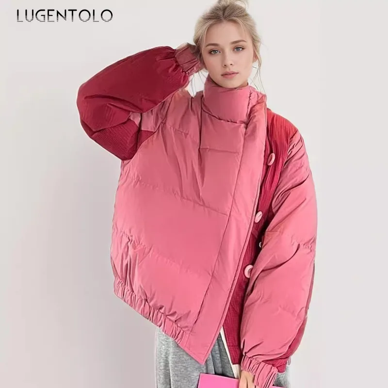 Women Y2k Parkas 2025 Contrast Color Thick Warm Down Cotton Bread Jacket Fashion Single Breasted Versatile Christmas Party Wear