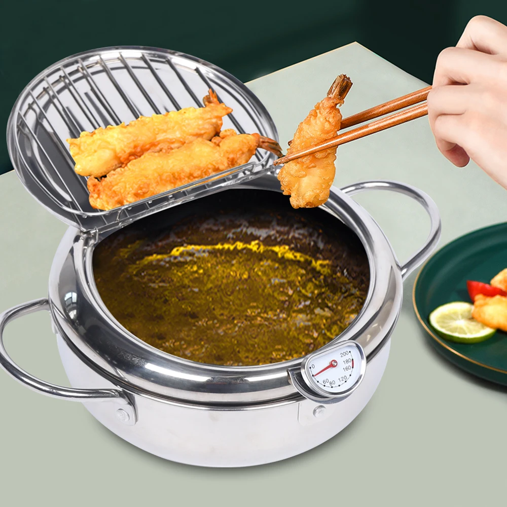 

Фритюрница Горшок Tempura Глубокая жарочная кастрюля из нержавеющей стали 304, 2,2 л, с датчиком температуры и стойкой для слива масла для жарения