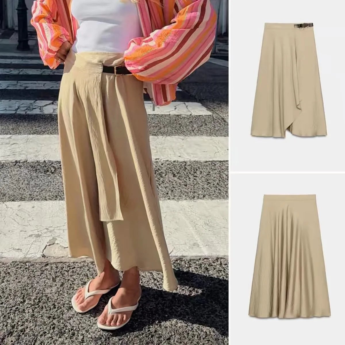 Early Autumn New Fashionable Women's Midi Skirt with Buckle Decoration Versatile High Waist A-Line Standard Fit Polyester Fiber