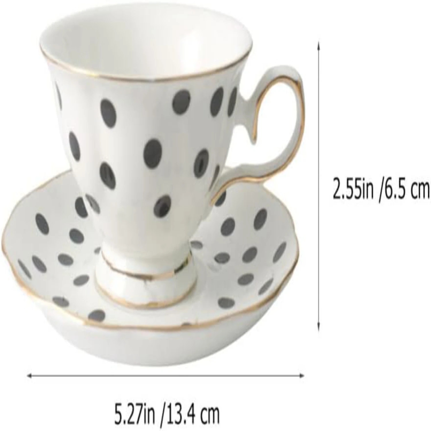 Royal Style Luxurious Elegant Fine White and Black Polka Dot Porcelain Coffee Cup and Saucer Set - Perfect for Specialty Tea, La