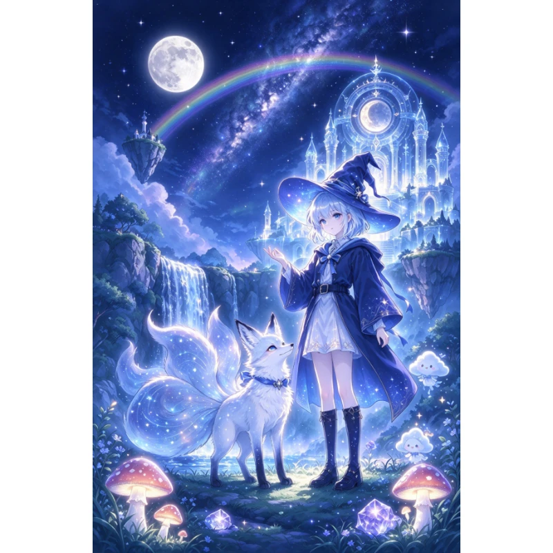 Moonlit Wizard Valley Diamond Painting, Rainbow Arc Crystal Mushroom Floating Cliff Landscape, Handmade Diamond Art Wall Decor