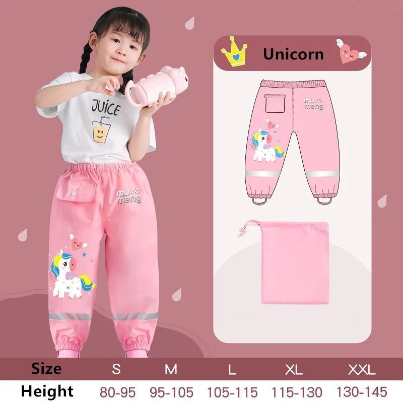 Waterproof Girls Boys Pants Toddler Kids Rain Pants Windproof Mud Trousers Kids Cartoon Dinosaur Unicorn Children Rain Pants