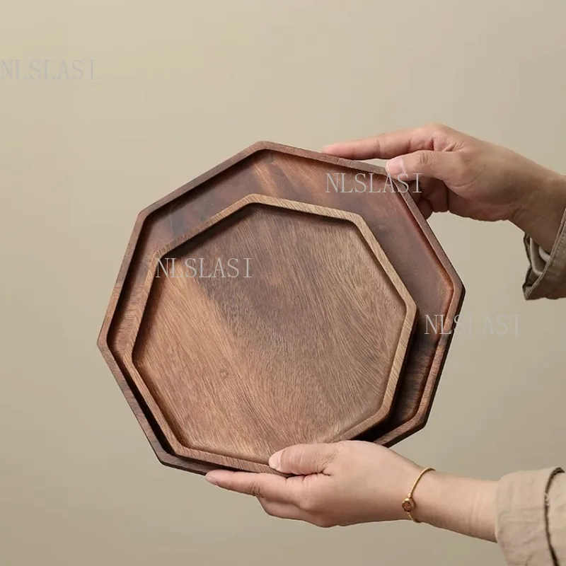Multi Shape Natural Walnut Wood Tea Tray Irregular Octagon Rectangle Floral Outline Wooden Plate For Teacup Snack Fruit Coffee