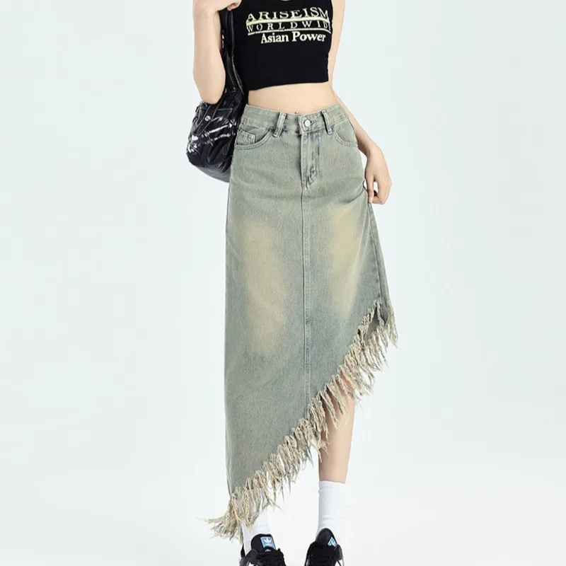 Irregular Denim Skirt Women Vintage Y2k Tassels High Waist Streetwear Skirts Washed Pockets Sexy Long Skirts Party Clubwear