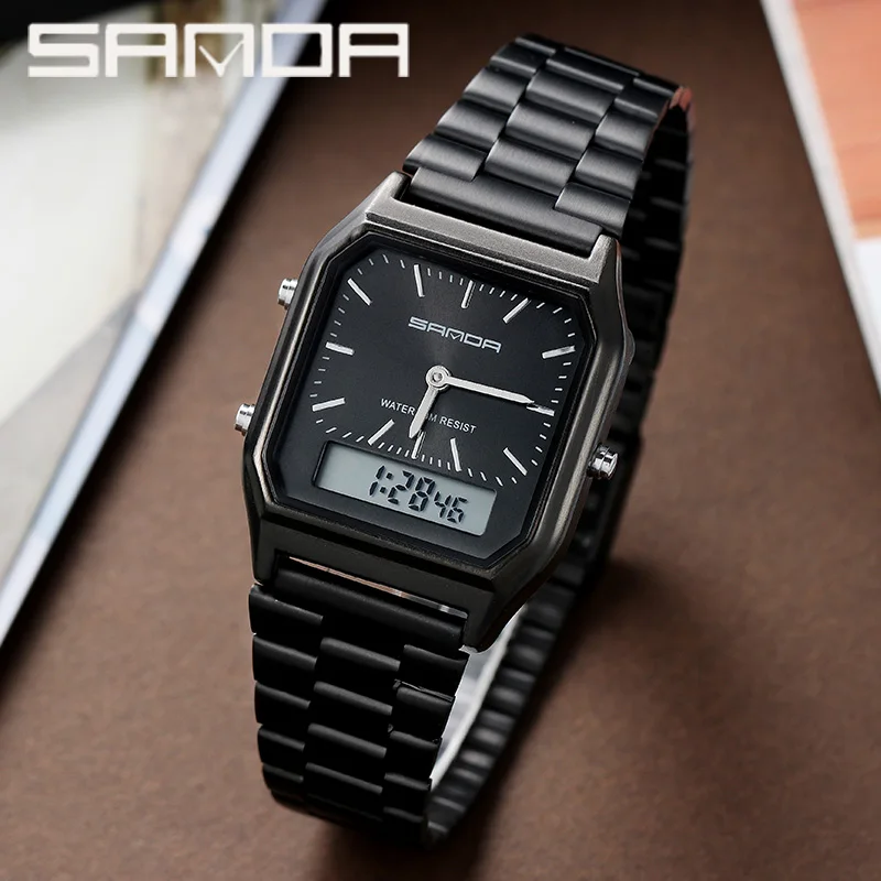 SANDA New Luxury G Style Mens Watches Stainless Steel LED Digital Dual Display Women Clock Unisex Waterproof Sports Quartz Watch