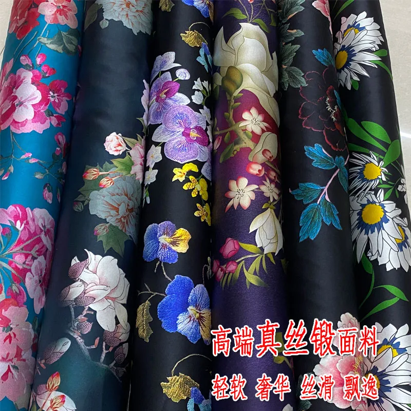 

19momme Silk Stretch Satin Clothing Cloth Plant Flower Printed Skirt Shirt Cheongsam Fabric