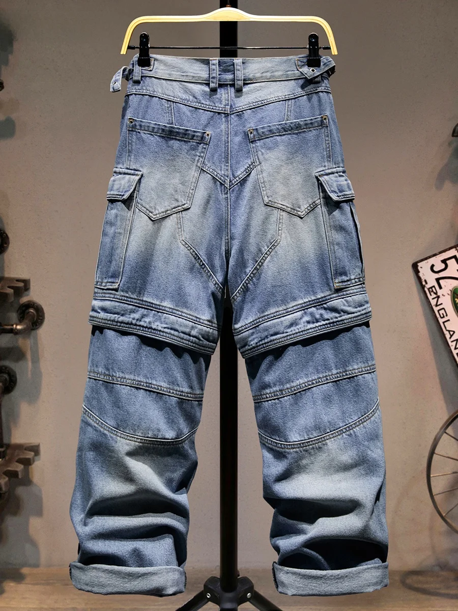 

Американские повседневные рабочие джинсы, мужские свободные брюки прямого кроя, молодежные съемные функциональные джинсовые брюки с элементами пэчворка