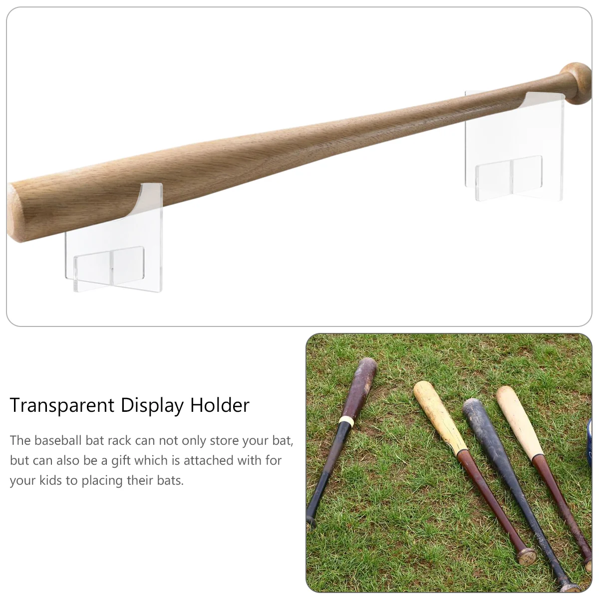 2 Pcs Baseball Stand Horizontal Bat Holder Transparent Display Support Wall Bracket Acrylic