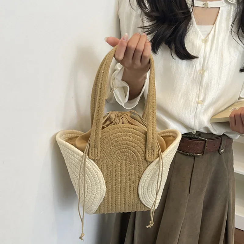 Spliced Cotton Woven Tote Bag Straw Single Shoulder Handbag Top Handle Bag Drawstring Inner Pocket Fashion Vacation Shopping Bag