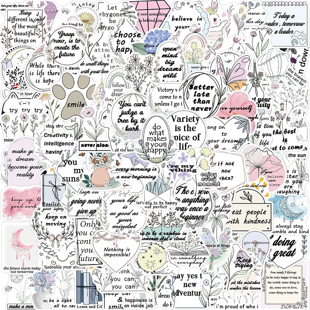 100pcs Floral Elegant French Motivational Quote Stickers for Laptops Phones Helmets Guitars Skateboards Suitcases Stationary