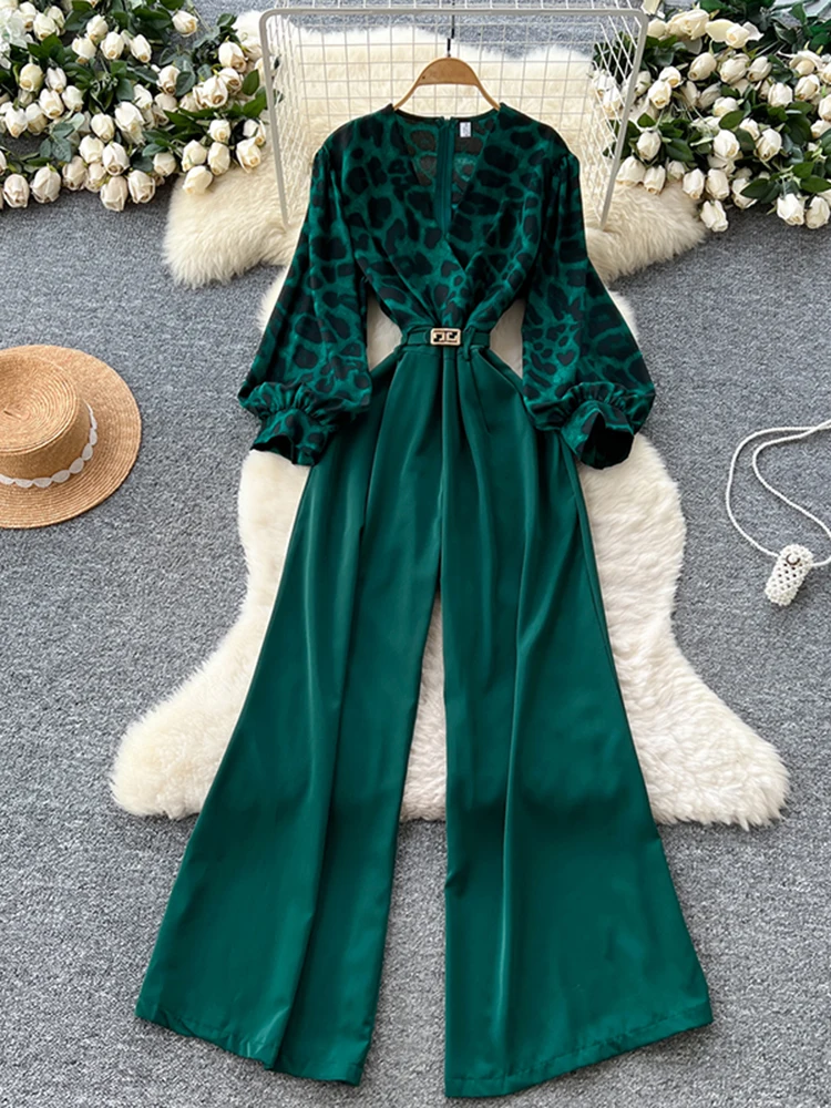 ربيع الخريف جديد الأوروبية الأمريكية ليوبارد طباعة بذلة المرأة فقاعة الأكمام عبر طوق واسعة الساق السراويل فضفاضة C392 #2