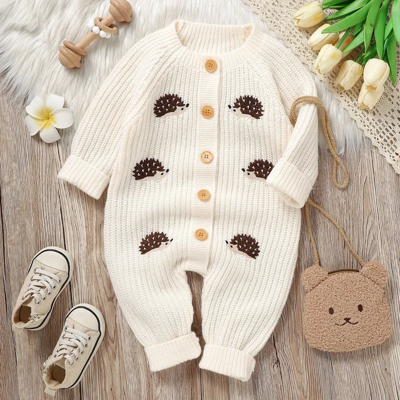 RUEWEY 0 to 18 Months Baby Girl Boy Sweater Rompers Autumn Winter Clothes Hedgehog Pattern Buttons Long Sleeve Toddler Jumpsuits