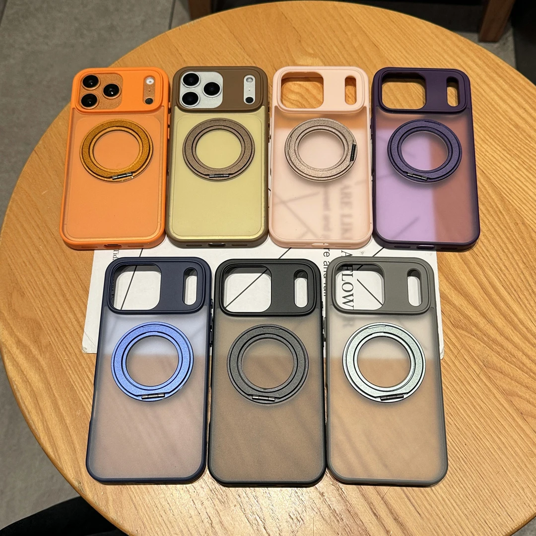 

Skin Feel Anti-Fingerprint 360°Rotate Embedded Magnetic Bracket Case For iPhone 12 13 14 15 16 17 Pro Max Phone Cover Kickstand