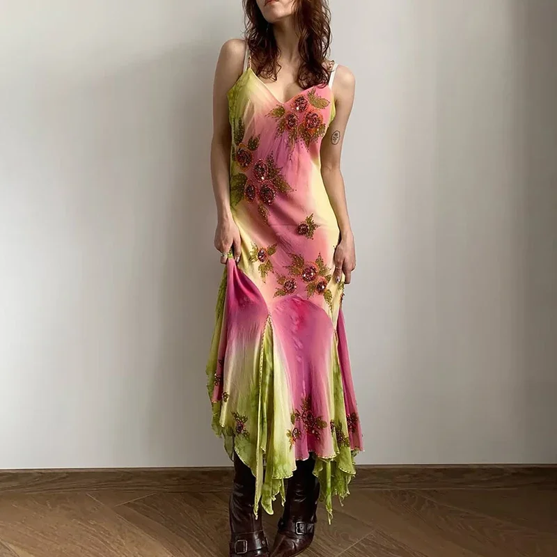 Elegant Off Shoulder Sequins Irregular Dress Women Fashion Printed Slim Fit Long Dress Summer Sexy Sleeveless Hollow Party Dress view 2
