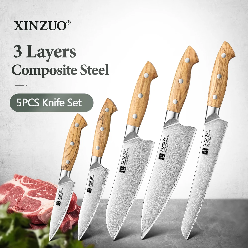 

XINZUO New 5PCS Kitchen Knife Set Customized 3 Layers Composite Steel Blade Sharp Edge Naturally Beautiful With Gift Box