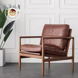 Wuli Hank White Wax Wood Single Person Sofa Nordic Top Layer Oil Wax Genuine Leather Down Sofa Chair Polished All Over The Body