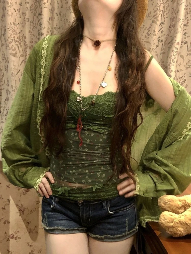 Y2k Aesthetic Two Piece Sets Lace Patchwork Sun Protection Loose Blouses + Flower Print Grunge Tanks Female Autumn Vintage Suit