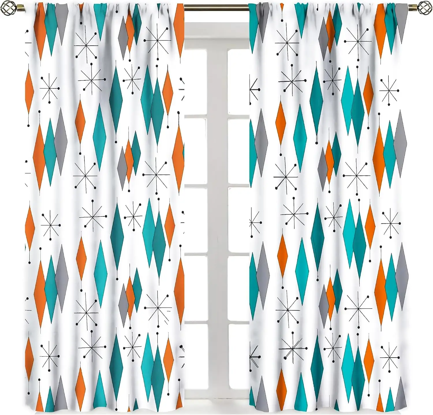 Decorative Geometric Pattern Curtain Pair 2pcs Modern Abstract Teal Orange Gray Window Drapes Living Room Home Decor