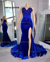 Glistening Royal Blue Rhinestone Velvet High Split Mermiad Beading Prom Dress For Blackgirls Luxury Graduation Gown customized