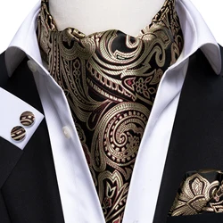 Di seta di Lusso Paisley Sciarpa Cravatta Dorato Nero Ascot cravatta Set per Gli Uomini Vintage Casual Grande Floreale Da Sposa Collo Cravatta Tasca piazza Set